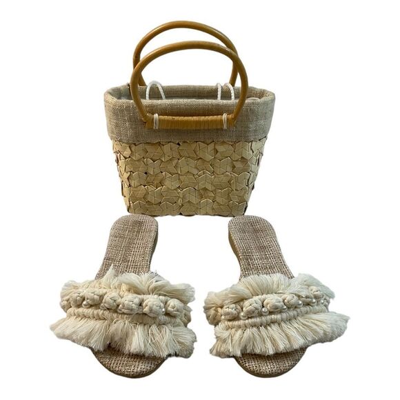 WOMEN Sandals Beige Macrame slippers Cotton knot Trassel Strap withPurse SIZE 8. - Picture 2 of 16